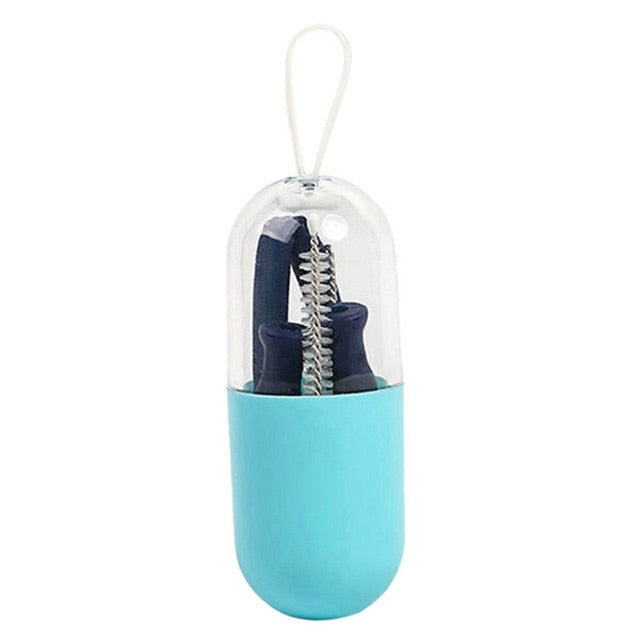 Collapsible Silicone Foldable Reusable Straw with Carrying Case and Cleaning Brush Travel Home, Office Drink Kitchen Accessories
